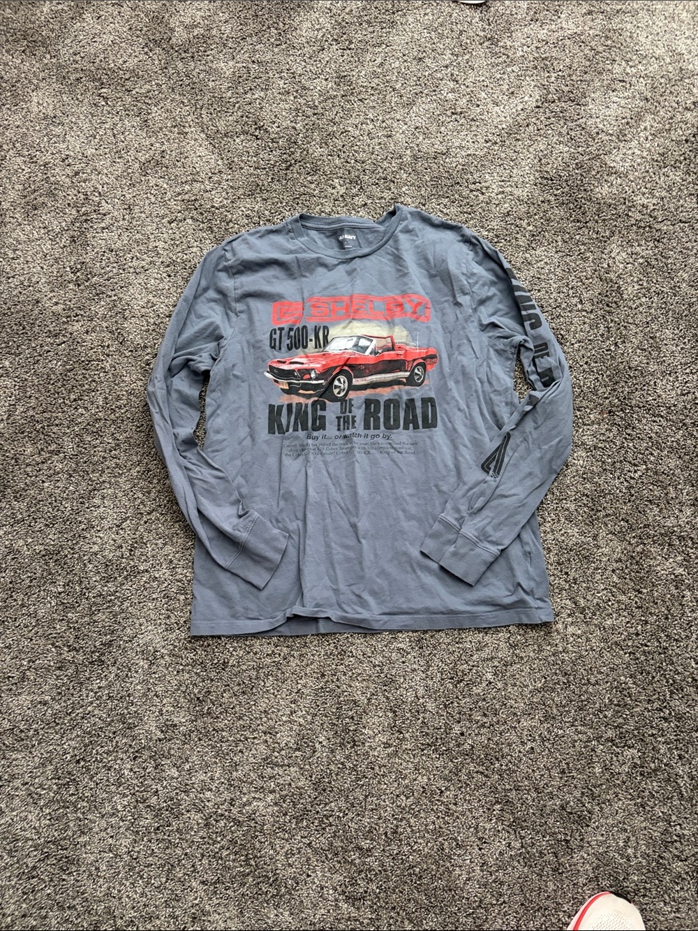 Old Navy Steel Blue Long-Sleeve Graphic Tee with Red Car Print